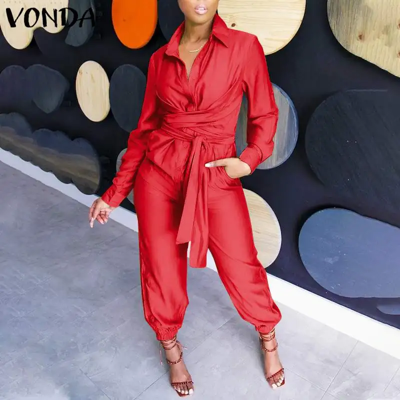 

Party Jumpsuits 2022 VONDA Women Turn Down Collar Solid High Waist Harem Long Sleeve Cargo Pants Y2K Party Playsuits Female