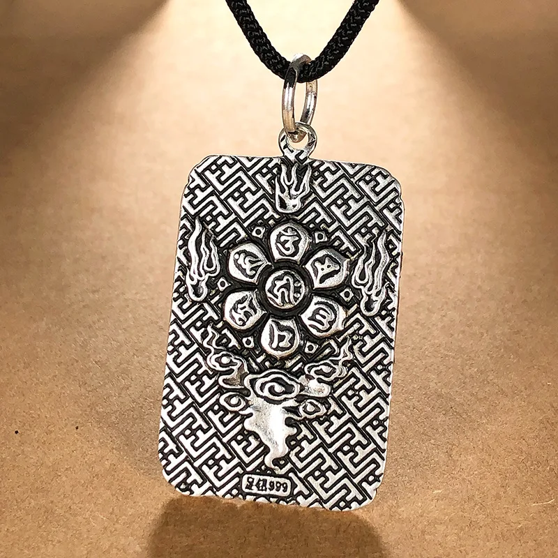 Властное серебряное прямоугольное ожерелье Guan Yu с кулоном для мужчин и женщин
