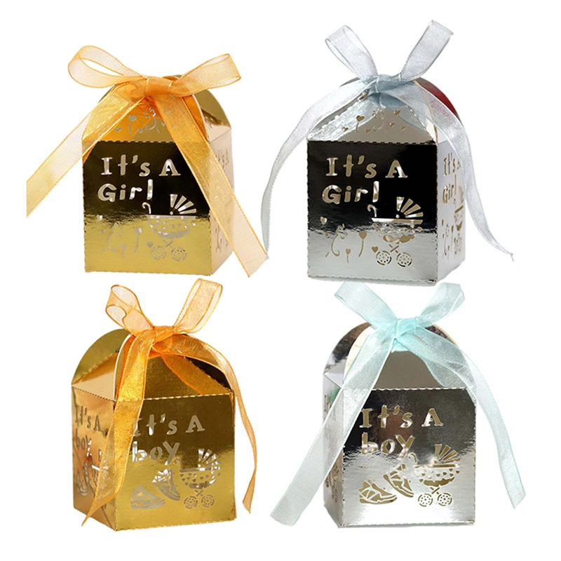 

50Pcs Laser Cut Candy Boxes It's A Girl Boy Sweet Bag Favor Gift Boxes With Ribbon Baby Shower Birthday Wedding Party Decoration