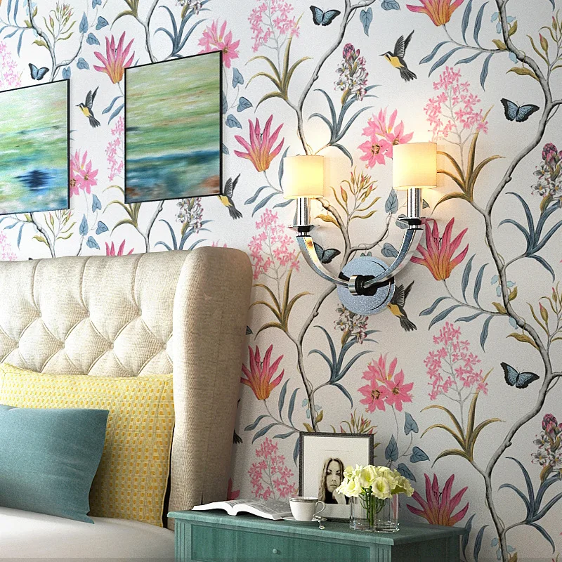 

American Country Wallpaper Fresh Garden Flowers and Birds Bedroom Background of Television in the Drawing Room Porch Non-Woven