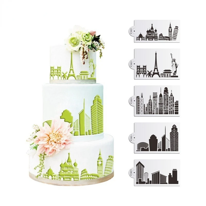 5PCS/Set Buildings Cake Stencils Cookies Mousse Cappuccino Template Baking Sugarcraft Cake Decorating Tools