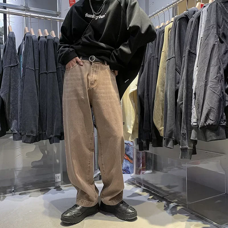 

Джинсы мужские и женские однотонные, винтажные брюки из денима в стиле High Street, прямые свободные простые мешковатые ковбойские штаны, джинсы ...