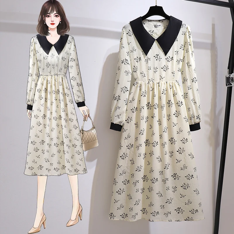 

Летняя Свободная Женская одежда с кукольным воротником с принтом на талии для отдыха шифоновое женское платье с длинным рукавом Houthion