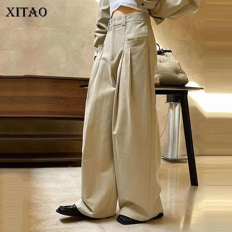 

XITAO, плиссированные длинные штаны, модные, однотонные, с карманами, маленькие, свежие, повседневные, стильные, двойные, плиссированные, для ши...