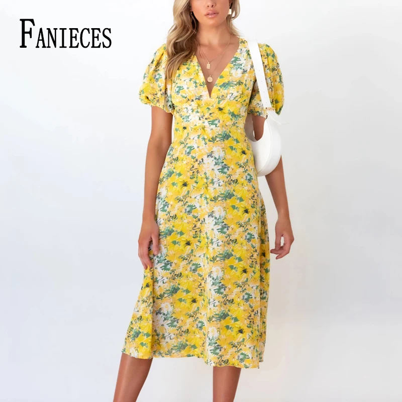 

Платье женское шифоновое средней длины с цветочным принтом и завышенной талией