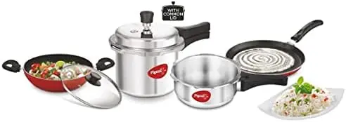 

Cookware Set - 2 + 3 Quart Aluminum Pressure Cookers + Nonstick Skillet 10 inches + Nonstick Wok 9.5 Inches + Glass Lid - Cook f