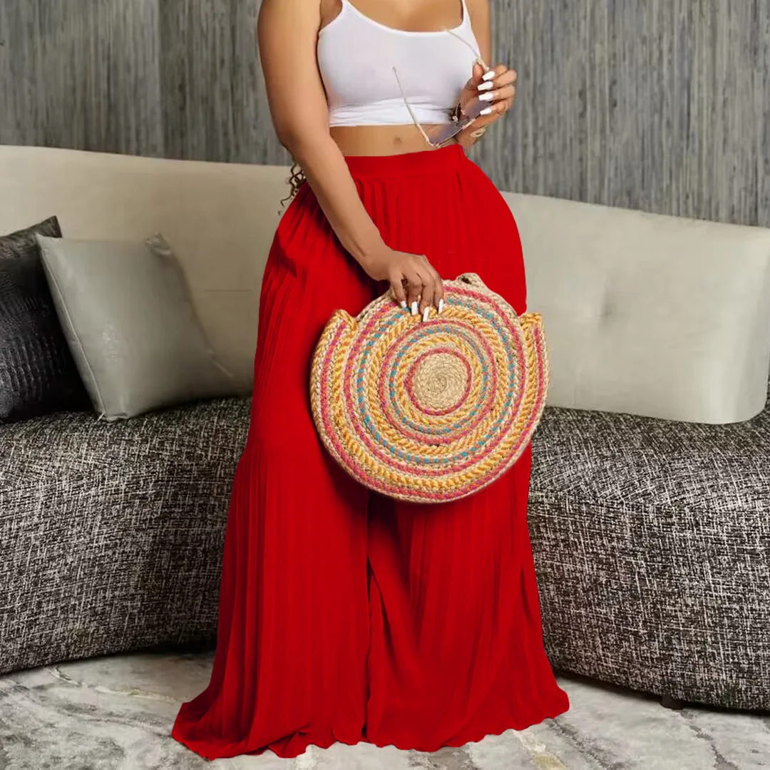 Plus Size Wide Leg Pants Women Pleated Ruffle Formal Fashion Trouser Office Lady Outfits 2023 Summer Female Elegant Long Pants
