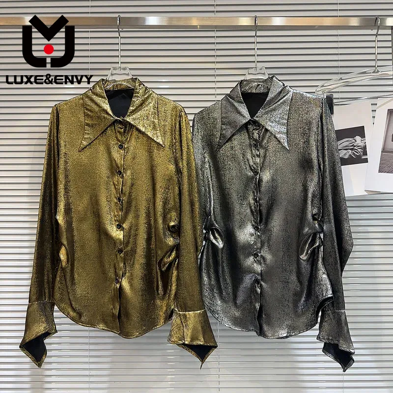 

LUXE&ENVY Netizen Same Style Winter New Dark Spicy Girl Gold Plated Coating Fabric Pleated Sleeve Design Shirt 2023 Autumn