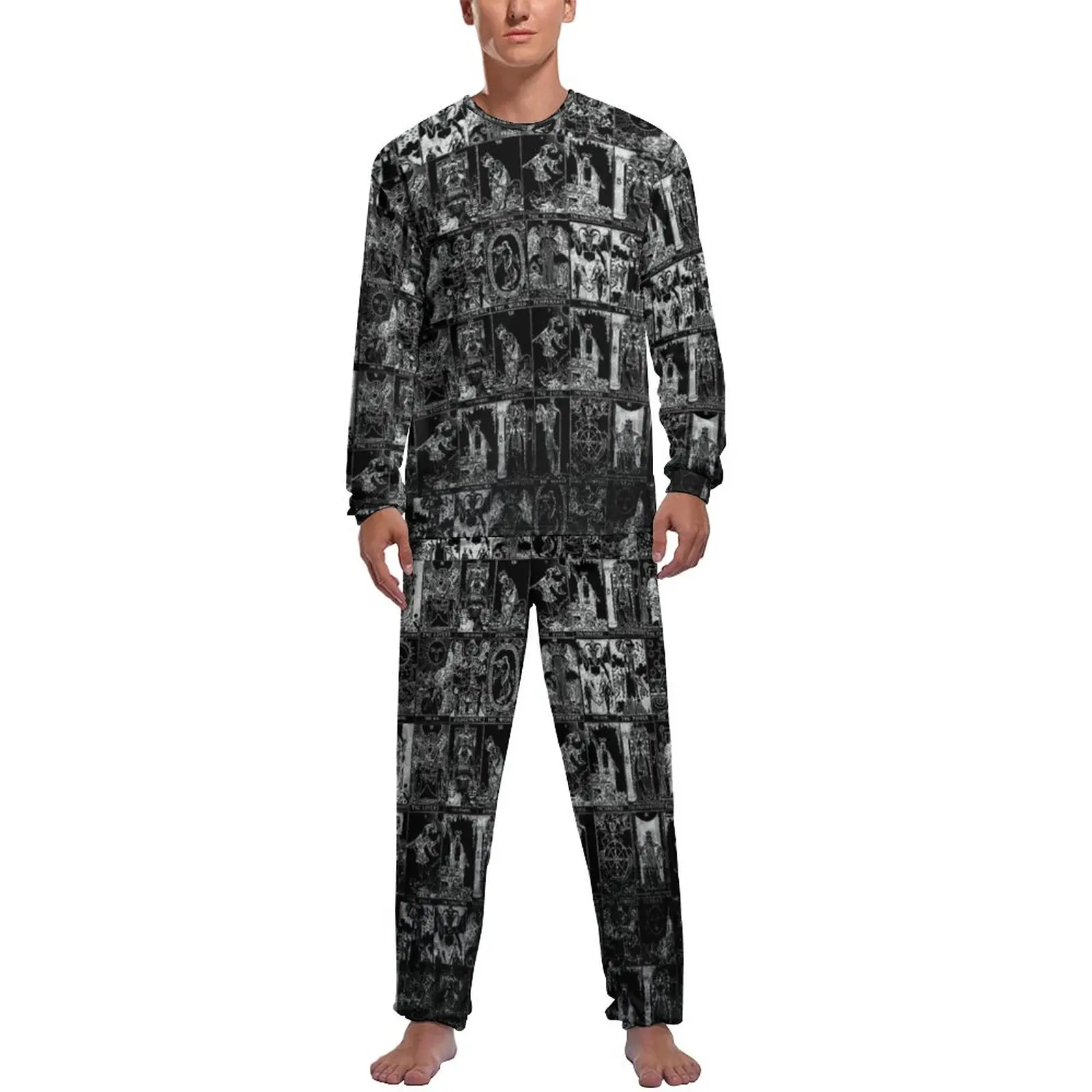 Major Arcana Tarot Pajamas Man Silver and Black Fashion Nightwear Winter Long Sleeve Two Piece Leisure Pattern Pajama Sets
