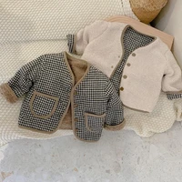 reversible wear casual thickening jacket korean style baby boys girls toddler child checked warm cotton clothes kids long sleeve
