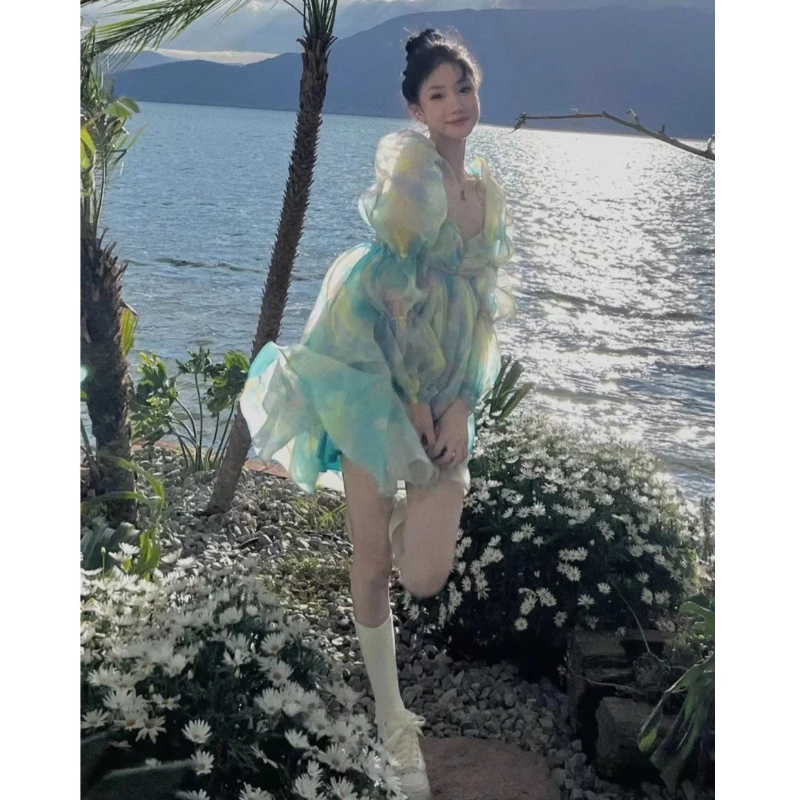 

Summer Printed Short Skirt Niche Design French Sweet Long-sleeved Dress Temperament Super Fairy Princess Fluffy Princess Dress