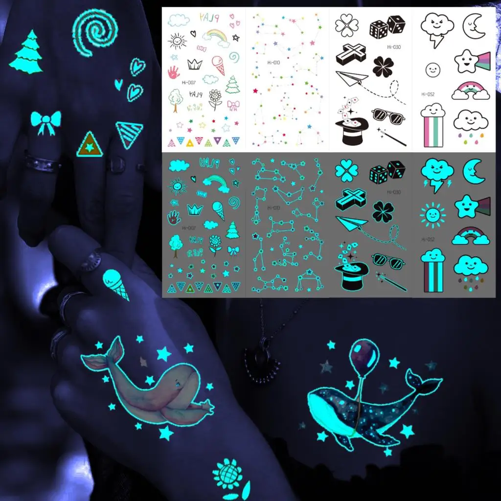 

Blue Luminous Whale Temporary Tattoos For Adults Glow In Dark Four Leaf Clover Star Moon Fake Tattoo Sticker Child Body Tatoos