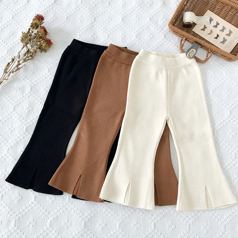 

Kids Trousers Knitting Solid Color Bell Bottoms Casual Fashion Pants Spring Autumn Baby Girls Knitting Bell Bottoms