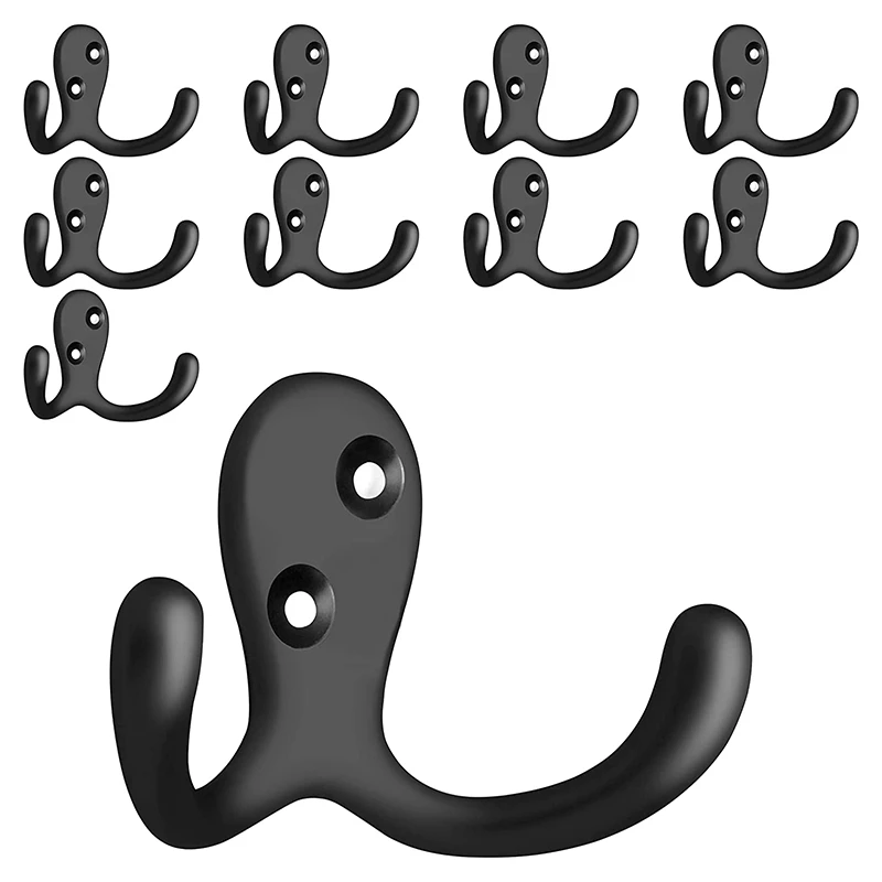 

10 Pack Double Prong Robe Towel Hooks Wall Hooks for Towels Towel Hanger Towel Holder, Bathroom Accessories Black