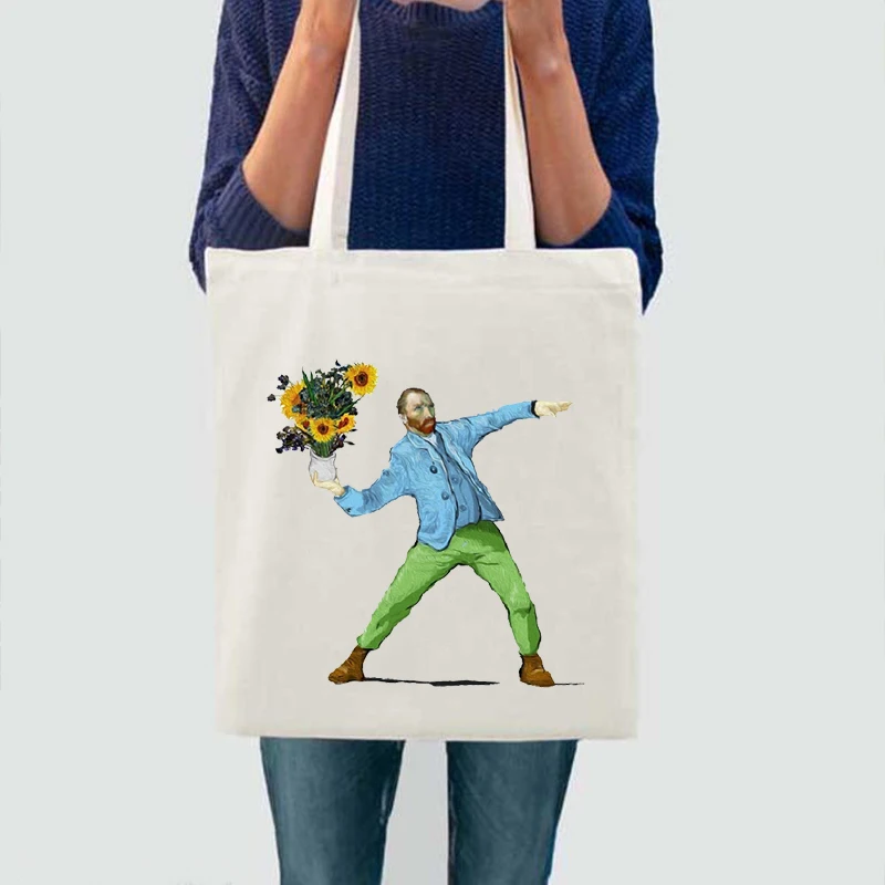 

Women Shoulder Van Gogh Printing Simple Shopping Bags Students' Book Bag Cotton Cloth Handbags Classic Tote for Girls