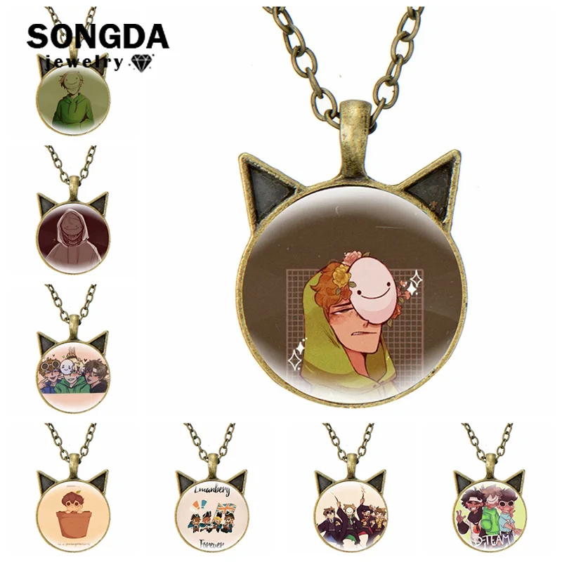 

Dream Smp Necklace Cartoon Figure Art Picture Glass Cabochon Cat Ears Metal Pendant Necklace Women Men Anime Jewelry Otaku Gifts