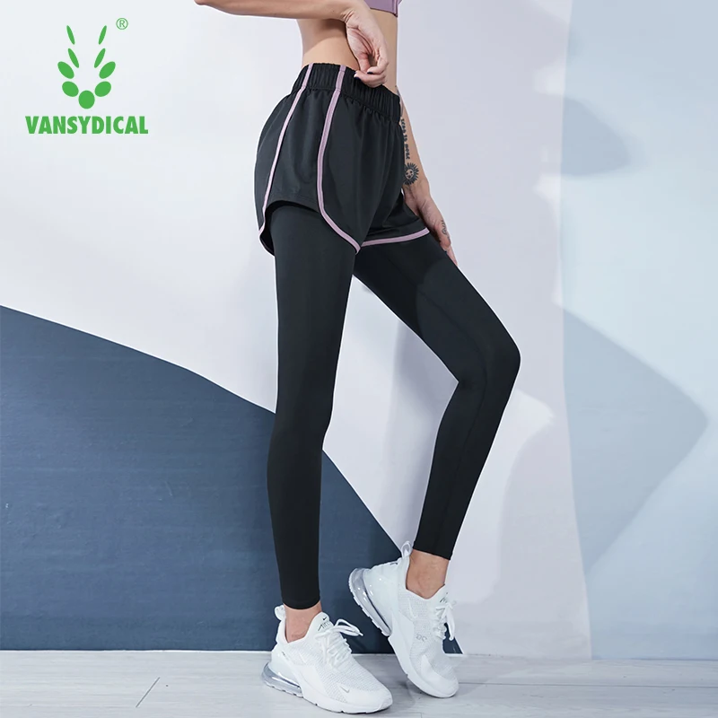 VANSYDICAL 2 In 1 Yoga Pant Women Striped Gym Legging Jogging Running Tights Female Compression Long Track Pants Women Polyester