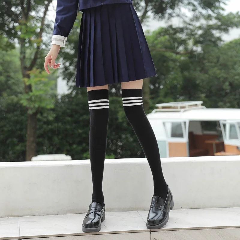 Three-Bar Cotton Double Needle Knee Socks Autumn and Winter Long Baseball Thigh High Socks Cotton Japanese Students' Socks Women