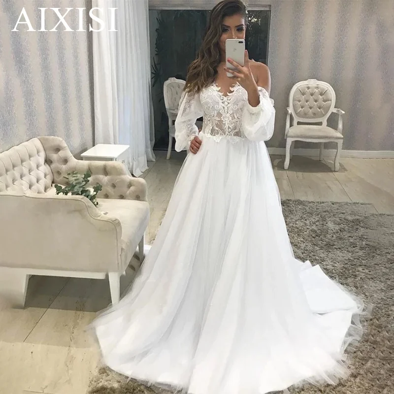 

Женское свадебное платье Aixisi, белое кружевное платье с аппликацией и длинным рукавом, а-силуэт, в богемном стиле