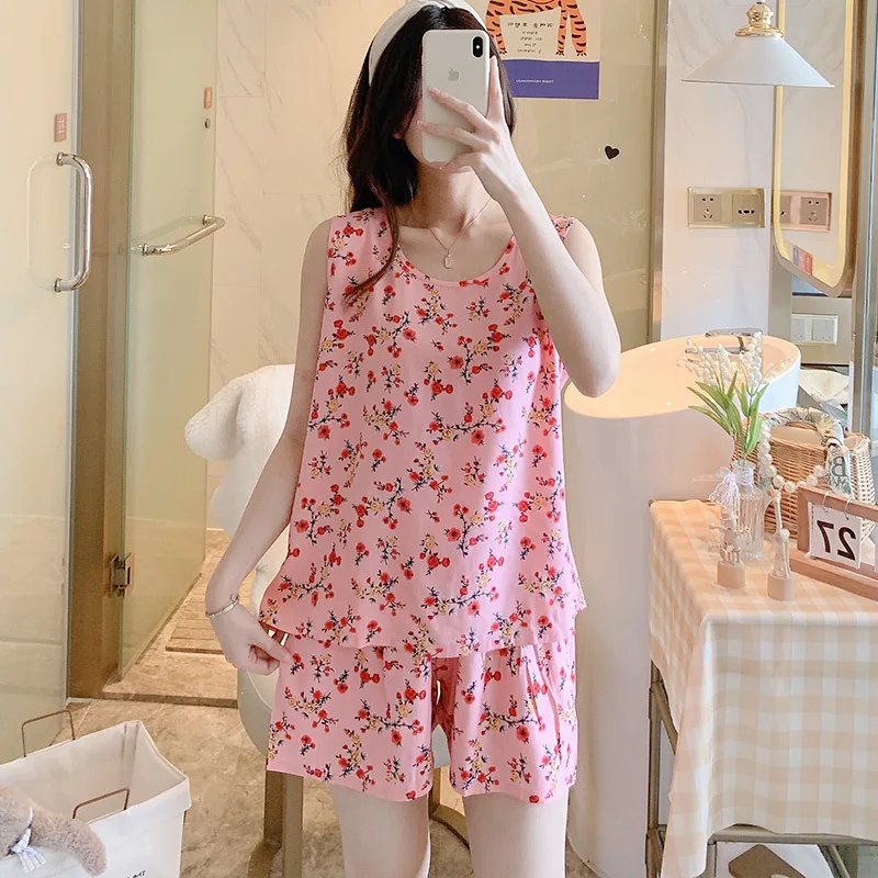 Floral Printed 100% Viscose Cotton Women Sleepwear Sleeveless Tank Top and Shorts Pajama Sets Womens Loungewear 2 Piece PJ Sets