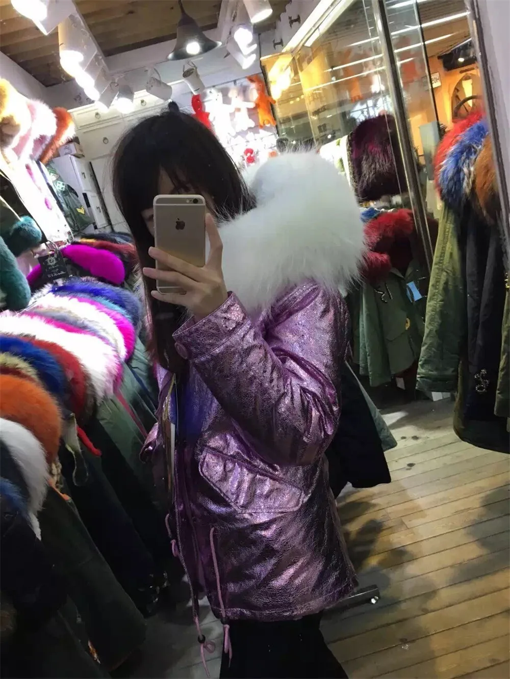 Высококачественная фиолетовая Кожаная парка женская зимняя белая одежда из