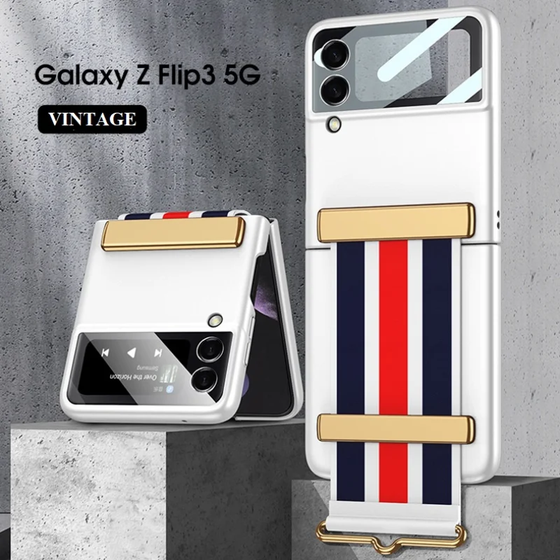 

Luxury Wristband Phone Case for Samsung Galaxy Z Flip 3 Case with Leather Band Full Cover Hard PC Shell for Z Flip3 Case