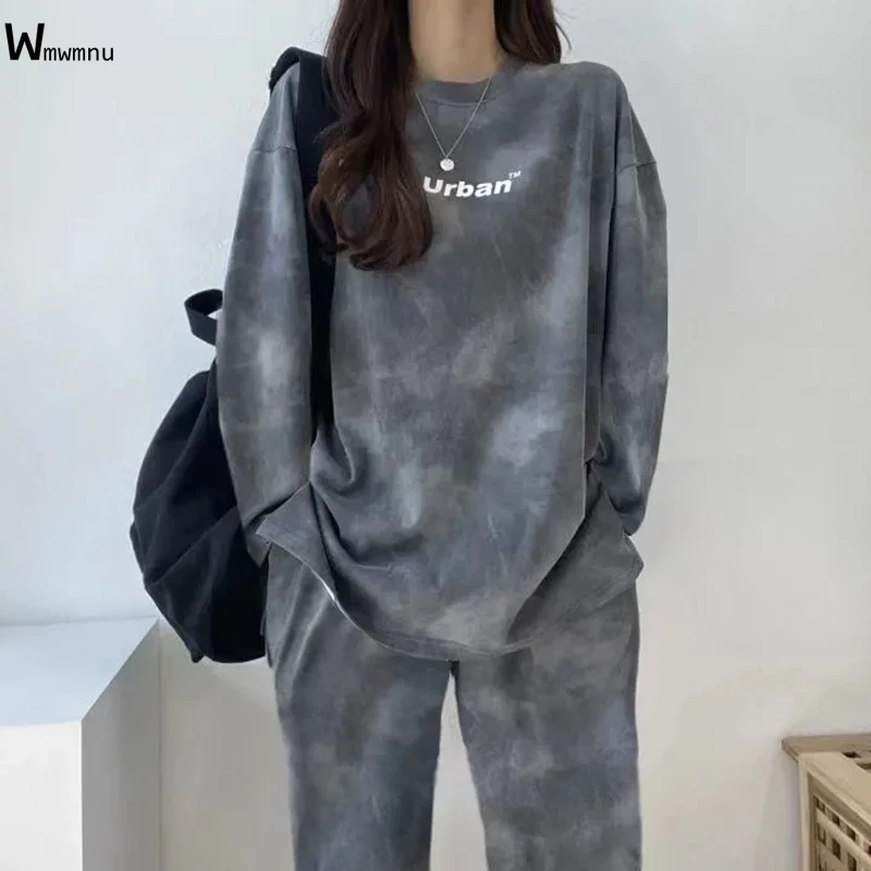 

Tie Dye Letter Printed Women Outfits O Neck Full Sleeve T-shirt and High Waist Straight Leg Pants Femme Casual Loose Tracksuit