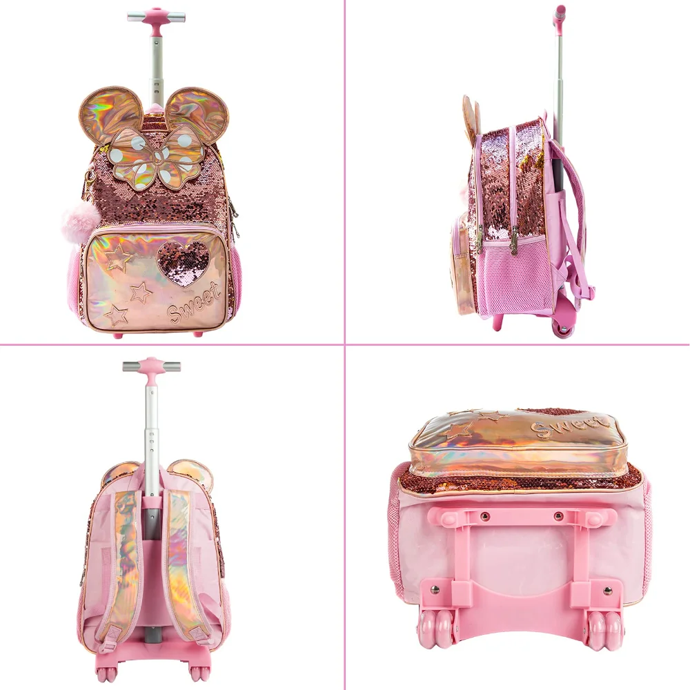 Bikab 3PC School Bags for Girls with Wheeled Bag Sequin Cartoon Cute  16