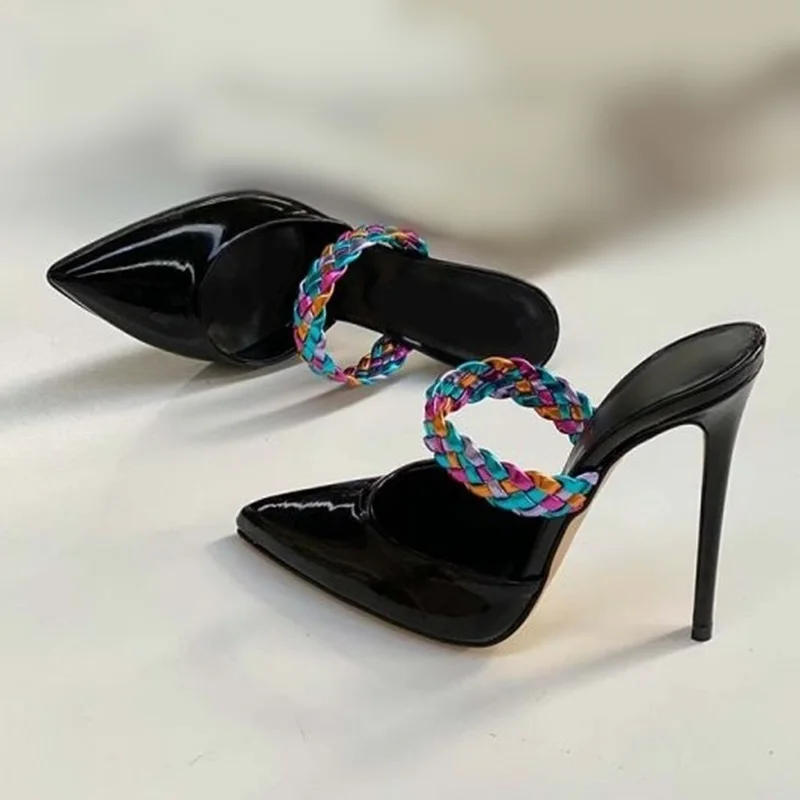 

Colorful Braid Rope Strappy Mules Shoes Black Patent Leather Pointed Toe Stiletto Heels Pumps Slip On Women Dress Shoes Size45