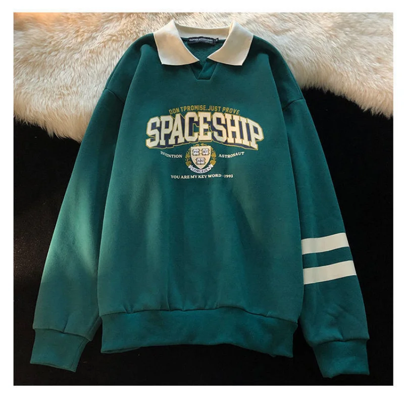 

Green American Vintage Letter Print Women Oversized Sweatshirt Autumn Casual Loose POLO Collar Grey Thin Academy Harajuku Tops