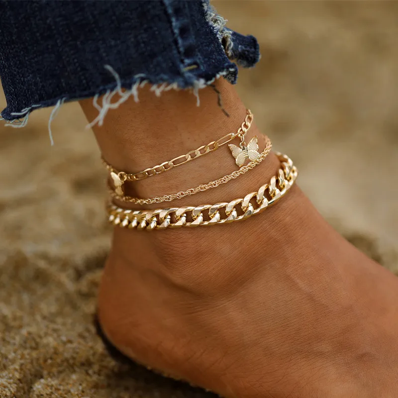 

LETAPI Bohemian Gold Color Butterfly Anklets For Women 3pcs/set Fashion Summer Beach Anklet Bracelet Foot Chain Jewelry Gifts