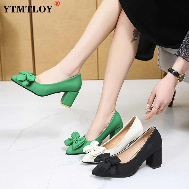 

Big Size Single Shoes Decorated with Pointed Bow Ladies High Heels Women Shoes Woman Pumps Black Mary Jane Shoes