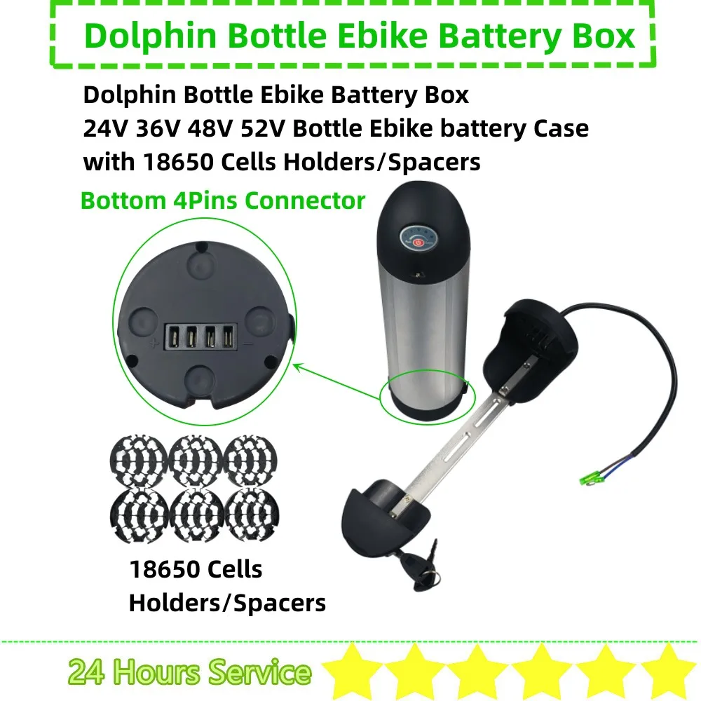 

Water Bottle Dolphin Ebike Battery Box 40 50 52 56 pcs 18650 cells E-bike Battery Case 24v 36v 48v 52v Bottle Battery Housing