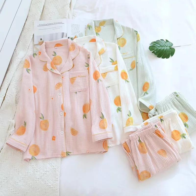 

2PC Summer Crepe Pajama Set Mujer Pijama Conjuntos Feminino Pyjama Femme Clothes Ensemble Women Long Sleeve Pants Suit Sleepwear