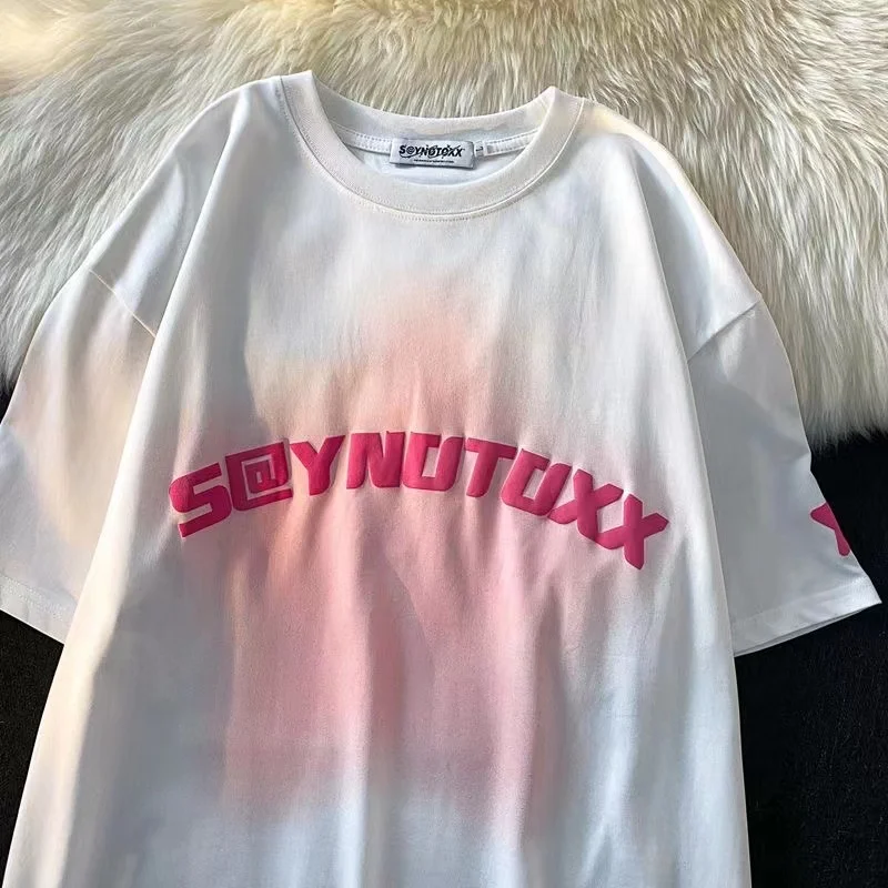 

Летние свободные тонкие женские футболки, хипстерские футболки с принтом алфавита для женщин, универсальные топы с круглым вырезом и звездным градиентом, хлопковый топ Y2k