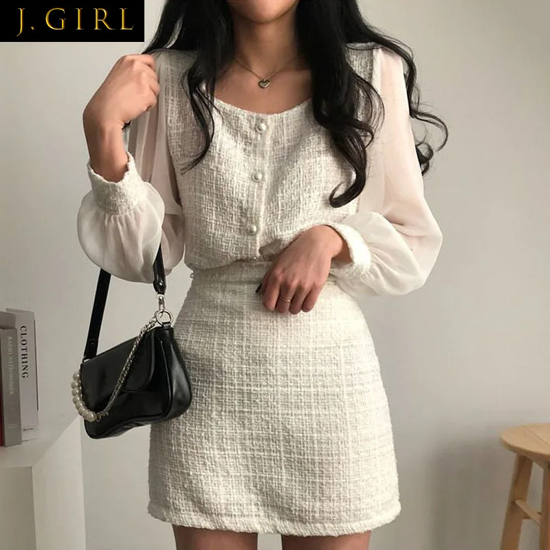 

J GIRLS Women Dress Suit Autumn Retro Temperament Square Collar Stiching Puff Sleeve Tweed Shirt High Waist Hip Skirt Female