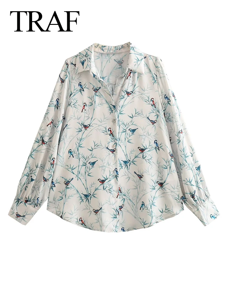 

TRAF Fashion Women's Elegant Single-Breasted Long Sleeve Vintage Printing Casual Shirt Female Pleated Satin Lapel Chic Shirts