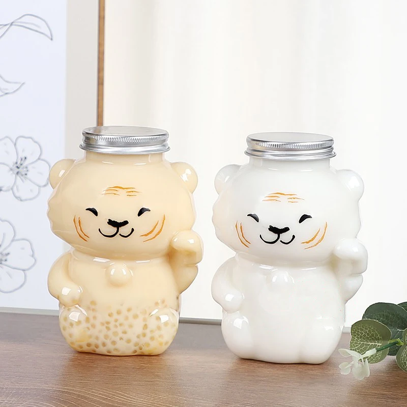 Beverage Pet Water Bottle Cartoon Bear Bottles Disposable Takeaway Bottles Lids