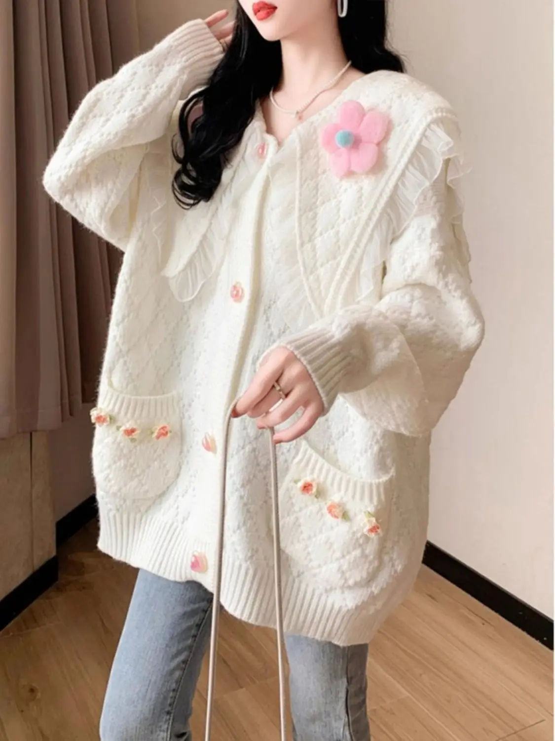 Осенне-зимний новый милый вязаный корейский кардиган в ленивом стиле и