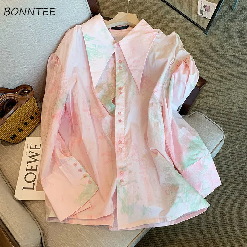 

Pink Shirts Women French Style Tie Dye Spring Loose Vintage Peter Pan Collar Aesthetic Clothing Harajuku All-match Temperament