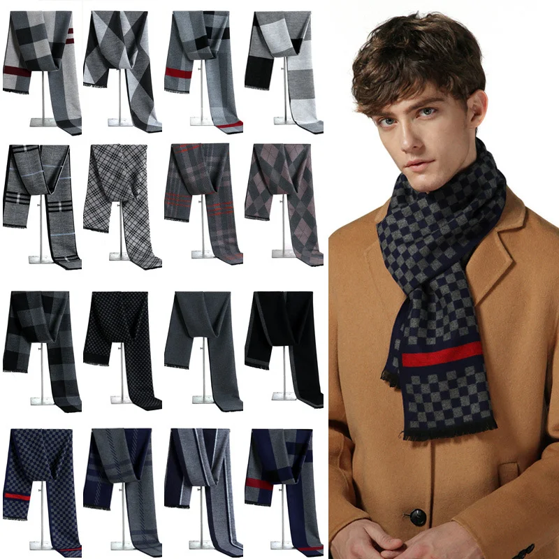 

Fashion Winter Plaid Cashmere Scarf for Men Warm Neck Scarfs Male Business Scarves Long Pashmina Christmas Gifts
