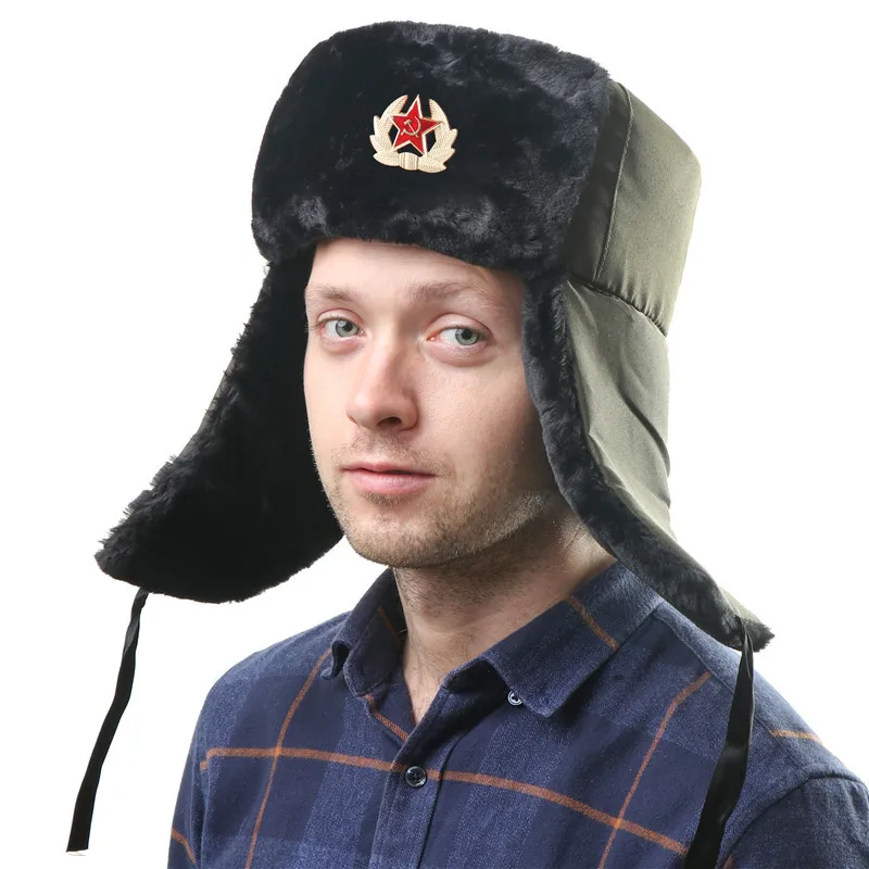 Фото Мужская зимняя шапка-ушанка с советским знаком, Русская Шапка-ушанка, уличная теплая утолщенная ветрозащитная шапка-ушанка из искусственно... №3