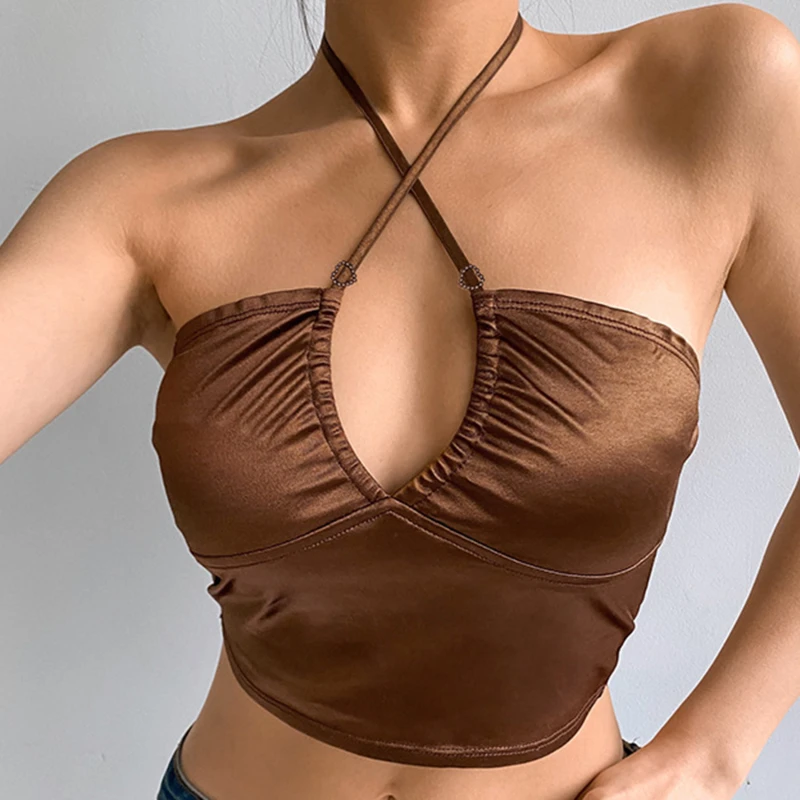 

Sexy Strappy Brown Halter Crop Top Women Summer Backless Cami Tops Tees Ladies Fashion Fitness Camisole Party Crop Tops
