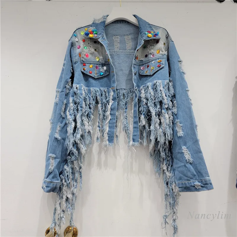 

Hand-Stitched Diamond Tassel Street Ripped Short Denim Jacket Women Spring Autumn Studded Jean Coats Jaqueta Feminina 2023