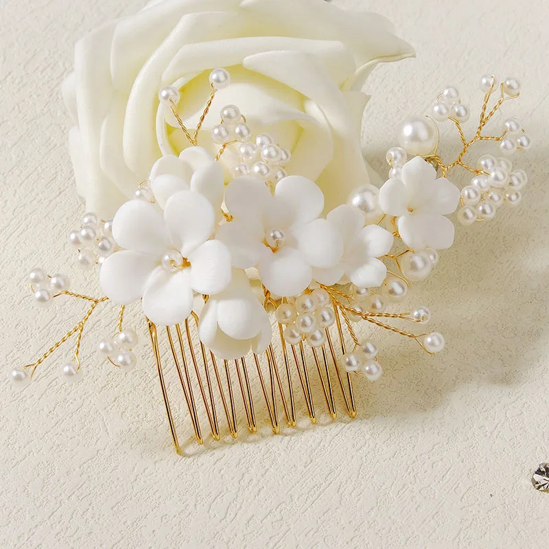 

Floralbride Handmade Crystal Rhinestones Pearls Ceramic Flower Bridal Hair Comb Wedding Headpiece Hair Accessories Women Jewelry