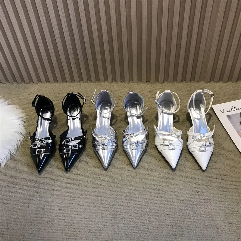 

Solid Color Ladies Stilettos Pointed Toe Sandals Summer Cross Tied Women Shoes Spike Low Heel Buckle Strap Shallow Zapatos Mujer