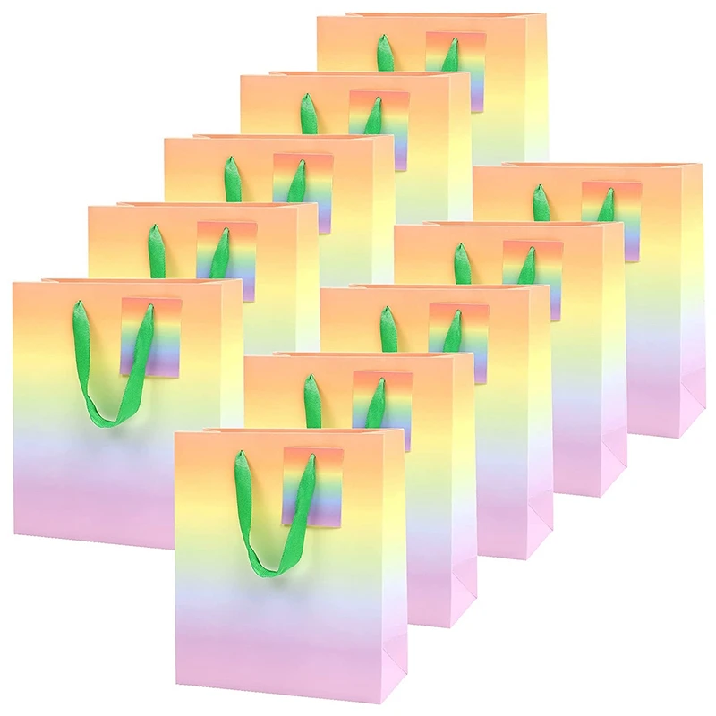 

Best 10PCS Gift Bags Gradient Rainbow Color Favor Bags With Tags And Handles For Wedding, Birthday, Baby Shower,21 X 18 X 8CM