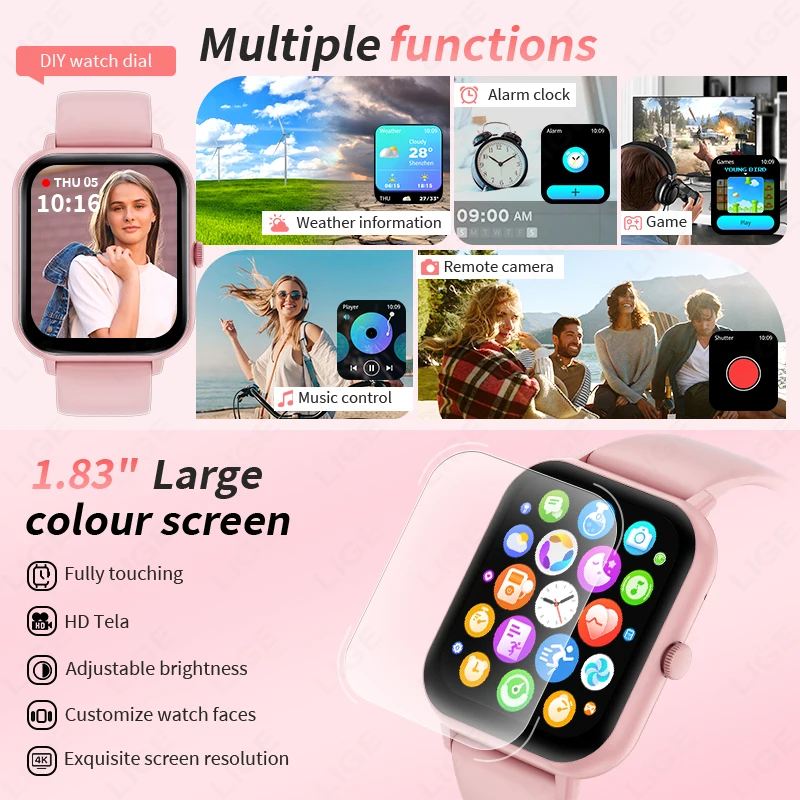 LIGE 2024 Bluetooth Call Смарт-часы Мужчины Женщины Полный сенсорный экран Спортивные