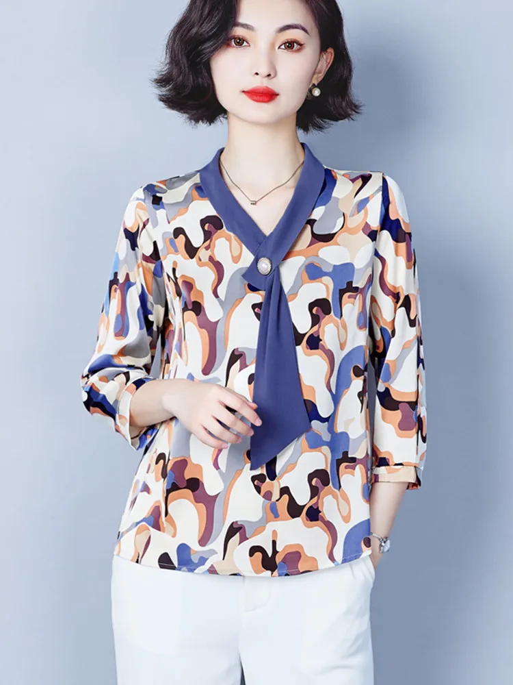 

Fashion Blouse Women V-neck Chiffon Womens Tops Bow Print Casual Women Shirts Blouses Long Sleeve 2022 Summer Loose Ladies Top