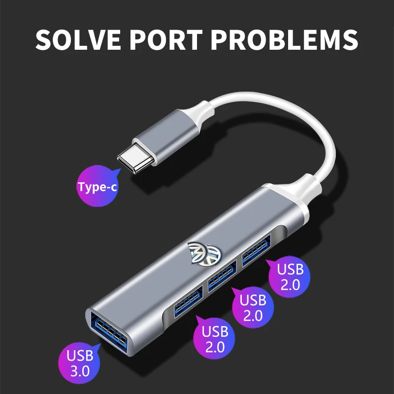 Фото Горячая новинка 2026: 4-портовый USB-хаб высокоскоростной Type-C, мультиразветвитель-адаптер для Volkswagen VW Golf 4 7 MK3 4 7 Touran Polo №4